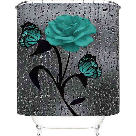 Rideau de douche, rideau de salle de bain, motif rose verte, impression numérique 3D sans perforation, 180 x 180 cm (1/3)