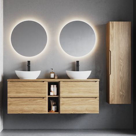 Conjunto mueble lavabo doble 140cm 2 compartimientos y columna Viggo Madera (1/4)