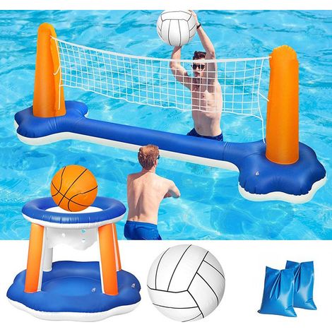 Jeu Gonflable Piscine Basket et Volley, Filet de Volley 300 x 95 cm, Panier de Basket Enfant pour Jeux d’Eau Été (1/5)
