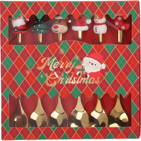 Set de 6 Cuillères à Café Inox Doré Motifs Renne Bonhomme de Neige Décoration Table Cadeau Noël (1/5)