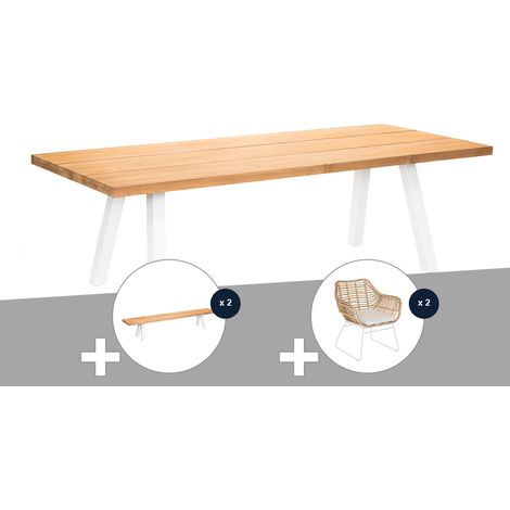 Ensemble table de jardin en teck Seychelles + 2 bancs en teck + 2 fauteuils - 10 places - Jardiline (1/5)