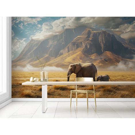 Papier Peint Savane - Éléphants et Montagnes - 150 x 250 cm (1/2)