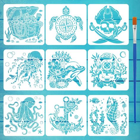 9 Pochoir de Peinture Du Monde Sous Marin Avec Pinceau 30x30cm Tortue de Mer Dauphin Hippocampe Poulpe Méduse Modèle de Dessin Ancre Pirate Crâne Trésor Pochoir pour la Peinture (1/5)