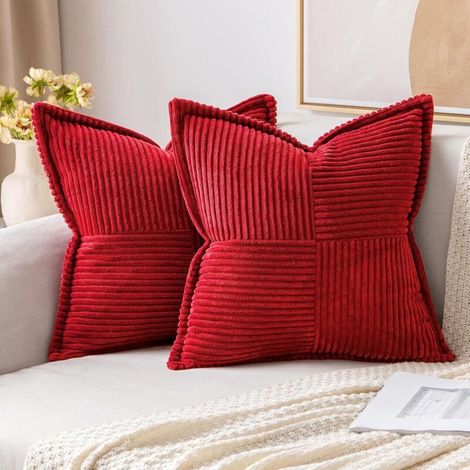 Housses de coussin décoratives pour canapé-lit, salon,  35 x 35 cm, lot de 2, coussins décoratifs Bordeaux rouge bohème, taies d'oreiller en velours côtelé doux à rayures latérales (1/4)