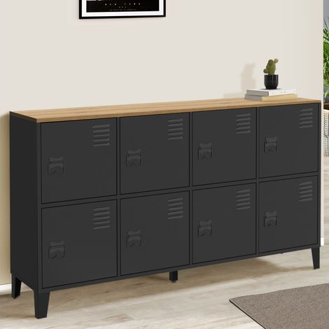 ESTER 139 cm Cómoda de 8 puertas de metal negro con tapa de madera de diseño industrial (1/5)