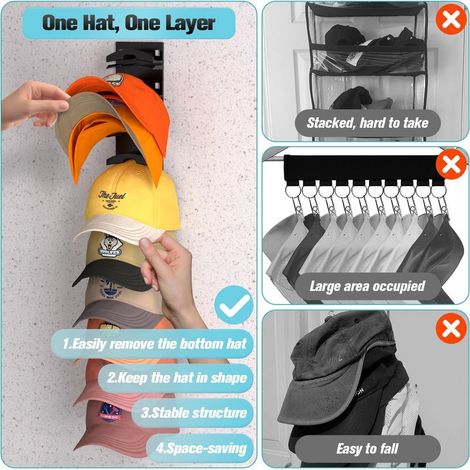 Set mit 2 selbstklebenden Kappenhaltern für bis zu 20 Kappen – Kein Bohren erforderlich – Wandmontage für Baseballkappen – Für Schlafzimmer, Tür, Kleiderschrank – Schwarz (1/5)