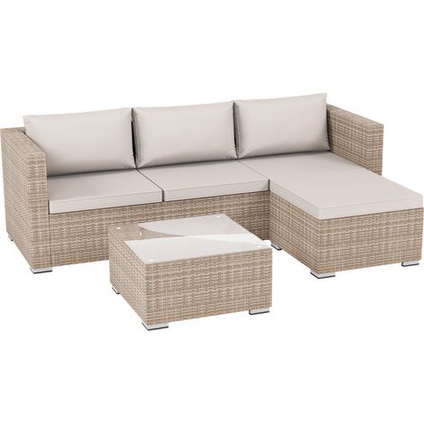 Hampton Rattan Garden Furniture 4 Seater Outdoor Corner Sofa Table Set, Natural-No-Cover