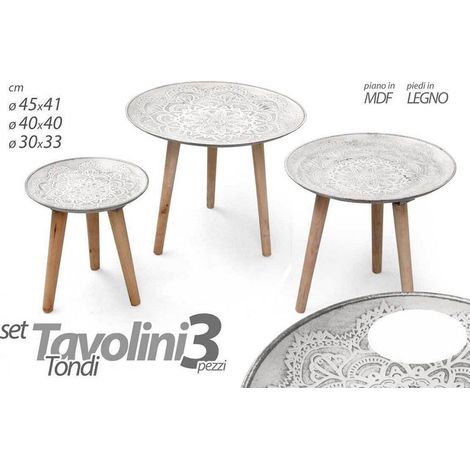 Kaela - Set 3 Tavolini Piedi In Legno Salotto Giardino Decorati ø45-40-30cm Tondi 783951 - (1/2)