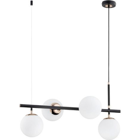 Alfa FIORE Minimalist Black Pendant Ceiling Lamp with 4 White Glass Globe Shades, Old Gold Accents, 4xE14 max 10W, 92cm Hanging Height, 71cm Wide, Dimmable