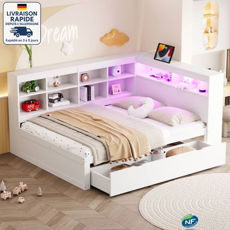 Modfu – Lit double avec tiroirs 140x200 cm – Bois de pin – Éclairage LED intégré – Prise USB – Compartiment de rangement ouvert – Blanc (1/5)