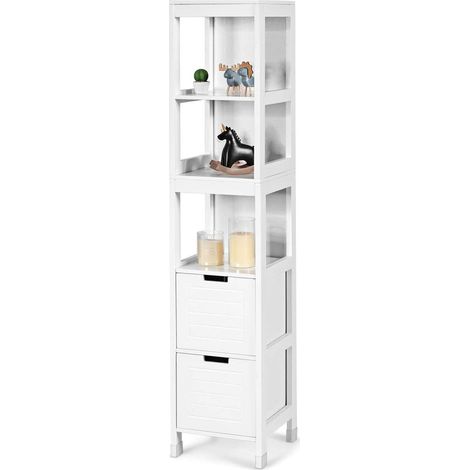 Costway – Colonne de salle de bain 2 tiroirs amovibles – 3 étagères – MDF imperméable – Dimensions 30,5 x 30,5 x 145cm – Blanc (1/5)
