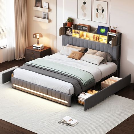 Lit double capitonné 140x190 cm - éclairage LED - fonction de charge USB - Tête de lit avec rangement - sommier à lattes - velours - Gris - pour adolescents et adultes (1/5)