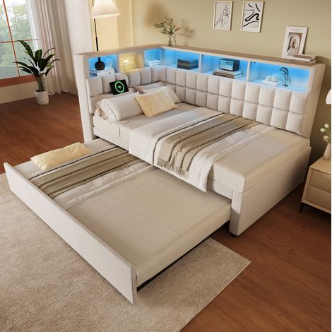 Cama nido 90x200 con LED, Bluetooth, USB-C, beige DESVIAE (1/5)