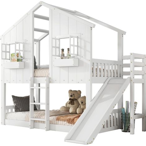 Etagenbett mit Kinderrutsche und Dach, Kinderbett 90x200 cm aus Kiefernholz, Hochbett mit Fallschutzgitter und Leiter, Weiß, 247x158x217.5cm (1/5)