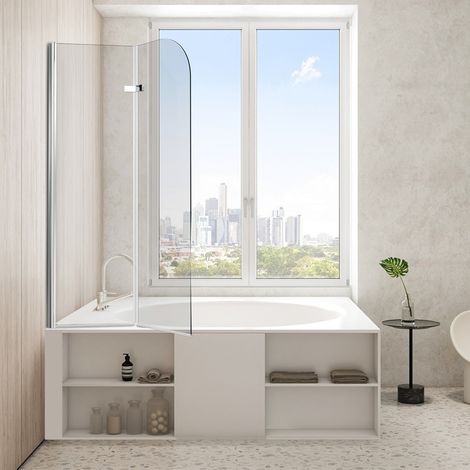 Randaco Duschwand Badewanne 100 x 140 cm, 2-teilig faltbare Badewannenfaltwand, Badewannenaufsatz aus 6 mm ESG Sicherheitsglas, 180° schwenkbar, Silber Transparent (1/5)