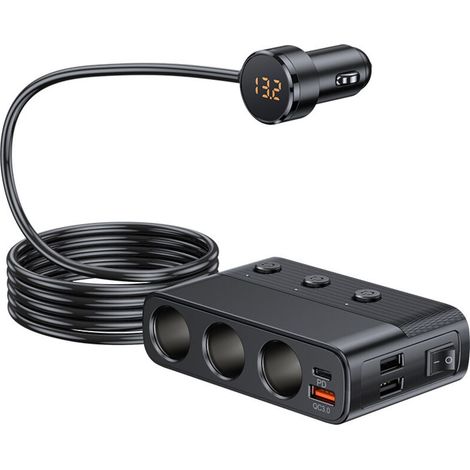 Caricabatterie per auto, sdoppiatore per presa accendisigari, caricabatterie USB 7 in 1, adattatore a 3 prese con interruttori, presa di corrente PD e QC3.0, adattatore per spina auto, ricarica rapida (1/4)