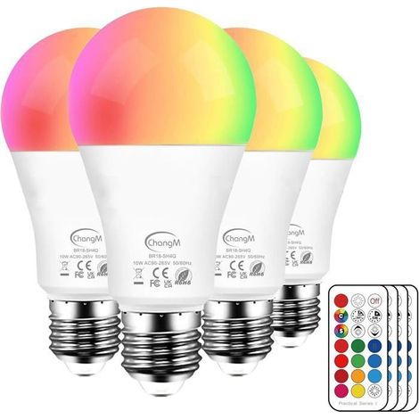 E27 12 Couleurs LED RGBW Ampoule Changement de Couleur Télécommande , Timing et Dimmable RGB+Blanc 10W (Lot de 4) (1/5)