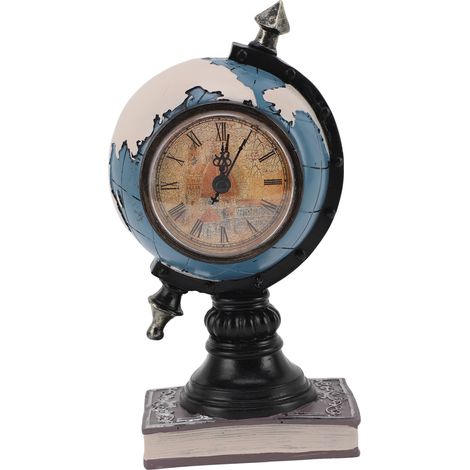 Horloge globe terrestre de table, décoration de table, horloge carte du monde en résine avec tirelire intégrée pour chambre d'enfant, bleue. (1/5)