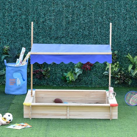 Sandkasten aus Holz für Kinder mit Dach, Sandkasten, verstellbarem Sonnendach, geräumige 120 x 120 x 120 cm für den Garten, Naturholzfarbe