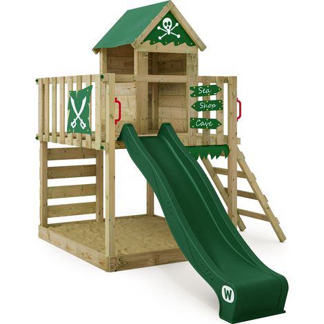 Holzspielhaus Wickey Smart Life mit Rutsche und Sandkasten in Grün