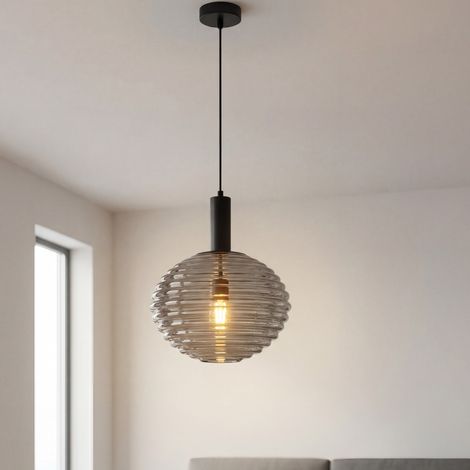 Pendelleuchte Rauchglas Metall rund D: 32 cm H: max. 150 cm Schwarz Modern Hängeleuchte