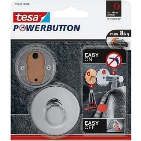tesa Powerbutton Premium - Gancio autoadesivo rotondo, in metallo cromato, portata massima: 8 kg