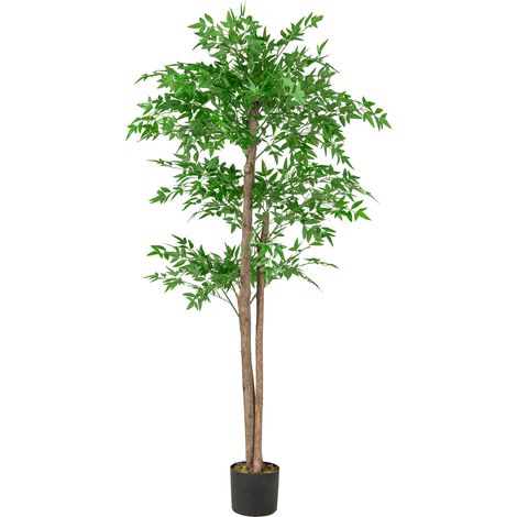 Plante Artificielle de 150 cm, Imitation Bambou avec 1 020 Feuilles Tronc en Bois Naturel Mousse Séchée Réaliste Pot de Pépinière, pour Salon Bureau (1/5)