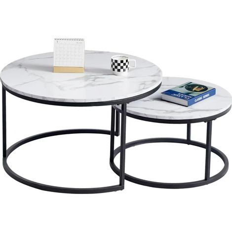 Wokaka Table Basse Scandinave Table d'Appoint Gigogne Ensemble de 2, Surface en Bois Massif Marbré et Pieds en MétalΦ60cmΦ40cm
