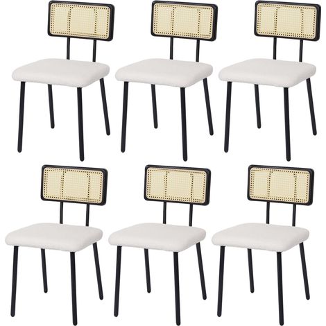 Lot de 6 chaises de salle à manger HWC-K88 - fauteuil chaise - certifié MVG bois poly rotin métal bouclé - tissu/textile blanc (1/5)