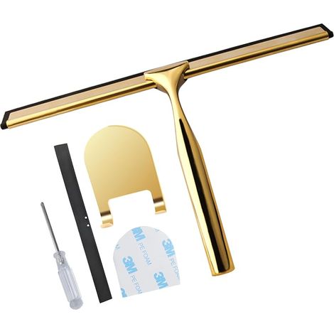 Raclette de douche en acier inoxydable doré pour portes de douche, salle de bain et nettoyeur de verre pour porte de salle de bain, miroir, voiture, outil d'essuyage, avec 2 raclettes en caoutchouc de