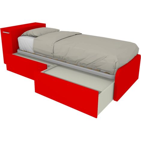 Letto singolo salvaspazio con cassetti e testata contenitiva - Rosso