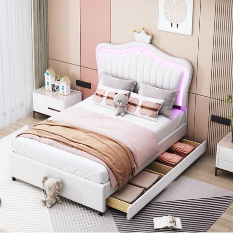 Lit simple 90x200 cm pour enfant – Tête de lit princesse avec couronne – Barre lumineuse LED réglable et 2 tiroirs – blanc (1/5)