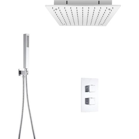 Milano Arvo 2 Outlet Twin Diverter Thermostatic Mixer Shower Valve with 400mm Ceiling Mounted Square Recessed Rainfall Shower Head and Hand Shower Handset Kit - Chrome