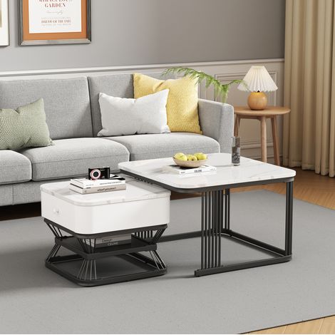 Mesa de centro set de 2 en MDF efecto mármol brillo y metal, blanco y negro, 70 x 70 cm + 50 x 50 cm (1/5)