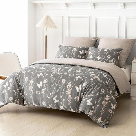 Bettwäsche 200x200 cm 3-teilig Mikrofaser mit Blumenmuster, Grau