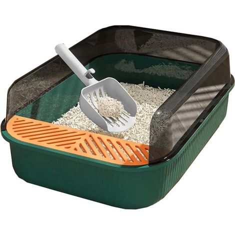 GABRIELLE Bac à litière pour chat XXL 51x35x18 cm I semi-fermé - amovible, résistant aux éclaboussures - avec cuillère de nettoyage (orange-vert)