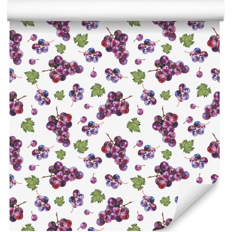 Carta da parati con motivo uva, bianca e viola, per soggiorno e camera da letto, 50x1000 cm. (1/4)