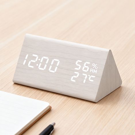 Sveglia digitale intelligente in legno nero con LED, orologio da tavolo per camera da letto e ufficio, con controllo vocale, luminosità regolabile, display di ora, temperatura e umidità (bianco) (1/5)