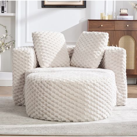 Poltrona relax con pouf, 129 x 116 x 65 cm, tessuto peluche effetto pelliccia, beige HAVRYA (1/5)