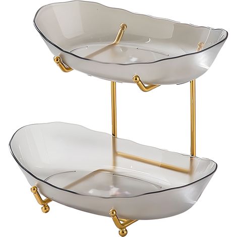 Corbeille à fruits à deux niveaux en acrylique avec supports métalliques et bols de service pour le comptoir de la cuisine. Idéale pour les fruits, légumes, en-cas, noix, gâteaux et desserts. Parfaite (1/5)