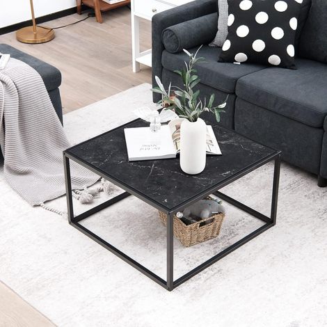 COSTWAY Mesa de Centro Cuadrada con Tapa de Imitación de Mármol y Marco de Acero, Mesa de Cóctel Central, Mueble de Salón, 70 x 70 x 40 cm, Fácil de Montar (negro) (1/5)