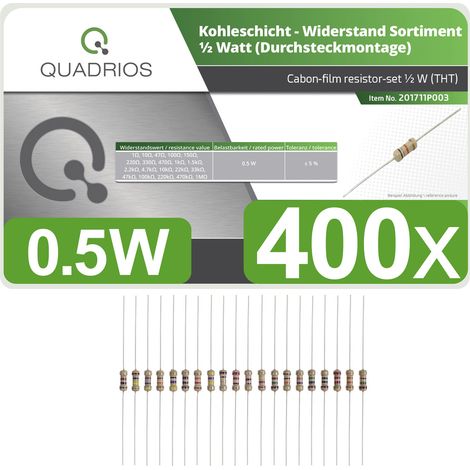 Quadrios 201711P003 201711P003 Kohleschicht-Widerstand Sortiment  axial bedrahtet  0.5 W 5 % 400 St. (1/3)