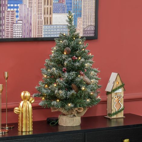 Árbol de Navidad con iluminación LED, 60 cm, piñas y bayas rojas, incluye soporte, verde/blanco (1/5)