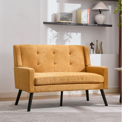 Panca imbottita 2 posti gialla in lino con gambe in legno massello antiscivolo,120x75x88 cm (1/5)