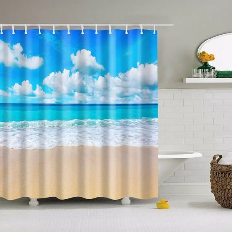 Rideau de douche à motif coquillages, étoiles de mer, conques, palmiers bleus et coucher de soleil, décor de salle de bain, 220 x 180 cm (86 x 70 pouces), 220 x 180 cm (86 x 70 pouces)