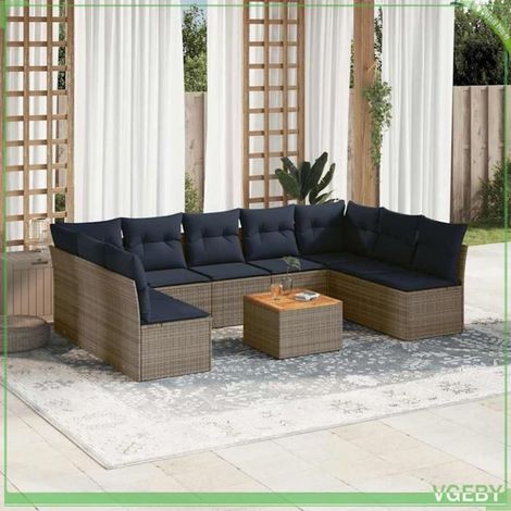 Salon de jardin - 3256124 - Résine tressée gris - Table acacia - Coussins déhoussables bleu marine (1/5)