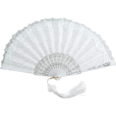 Spitzen-Hochzeitsfächer faltbar, mit Quaste, Foto-Accessoire und Deko für Zeremonie, romantischer weißer Stil (1/3)