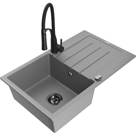 Mexen Bruno lavello in granito a 1 vasca con scolapiatti e rubinetto da cucina Aster, grigio - 6513-71-73450-70-B (1/5)