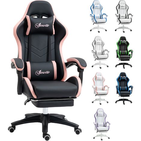 Siège de gaming en cuir PU, chaise gamer inclinable à 135° appuie-tête et repose-pieds 65x65x121-129 cm Noir et rose