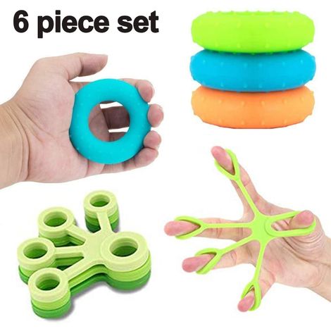 Ensemble de 6 appareils de renforcement de la préhension et d'entraînement des doigts pour l'arthrose, l'escalade, la guitare et le piano, 3 niveaux de résistance différents, en silicone. (1/5)